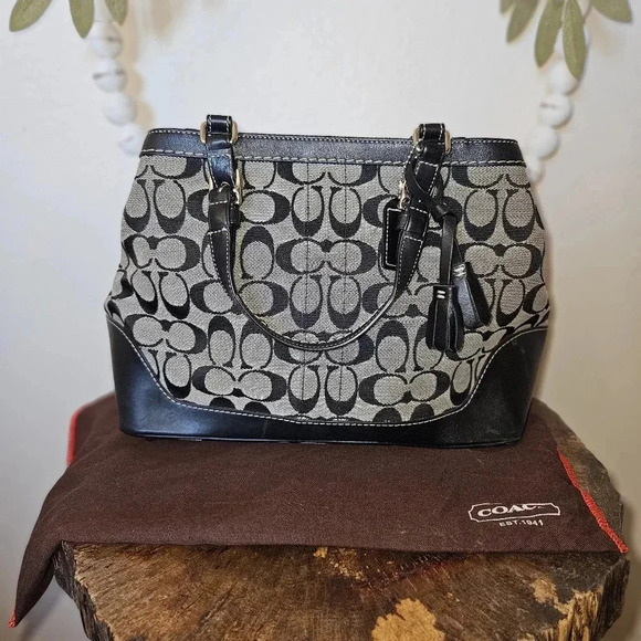 Coach Small Carryall Tote Bag Black Gray Signature Logo Canvas Leather 6830 - Picture 2 of 16